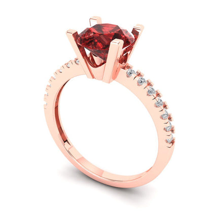 1.71 cttw Natural Garnet Solitaire with Zirconia Simulated Diamond Accents Engagement Ring - Solid Rose Gold (VVS1, Round Cut,7.5mm)