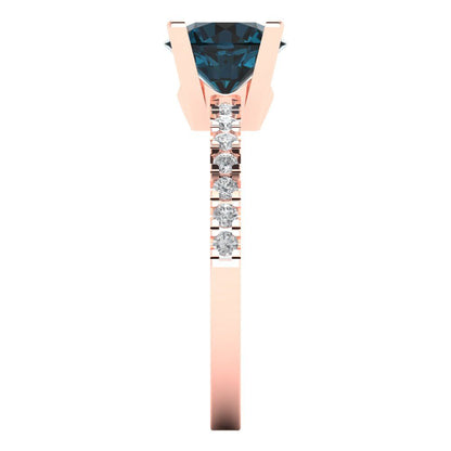1.71 cttw Natural London Blue Topaz Solitaire with Zirconia Simulated Diamond Accents Engagement Ring - Solid Rose Gold (VVS1, Round Cut,7.5mm)
