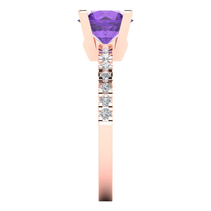 1.71 cttw Natural Amethyst Solitaire with Zirconia Simulated Diamond Accents Engagement Ring - Solid Rose Gold (VVS1, Round Cut,7.5mm)