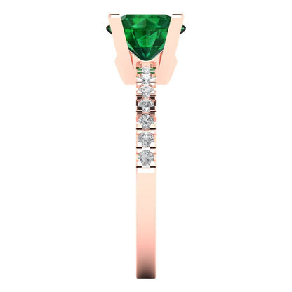 1.71 cttw Simulated Emerald Solitaire with Zirconia Simulated Diamond Accents Engagement Ring - Solid Rose Gold (VVS1, Round Cut,7.5mm)