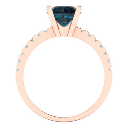 1.71 cttw Natural London Blue Topaz Solitaire with Zirconia Simulated Diamond Accents Engagement Ring - Solid Rose Gold (VVS1, Round Cut,7.5mm)