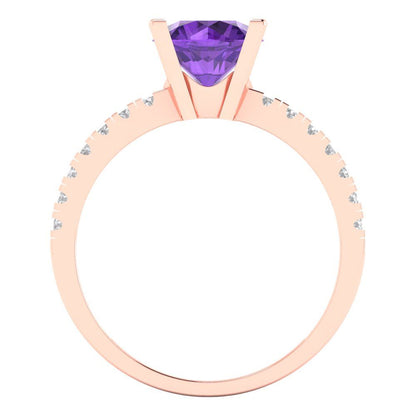 1.71 cttw Natural Amethyst Solitaire with Zirconia Simulated Diamond Accents Engagement Ring - Solid Rose Gold (VVS1, Round Cut,7.5mm)