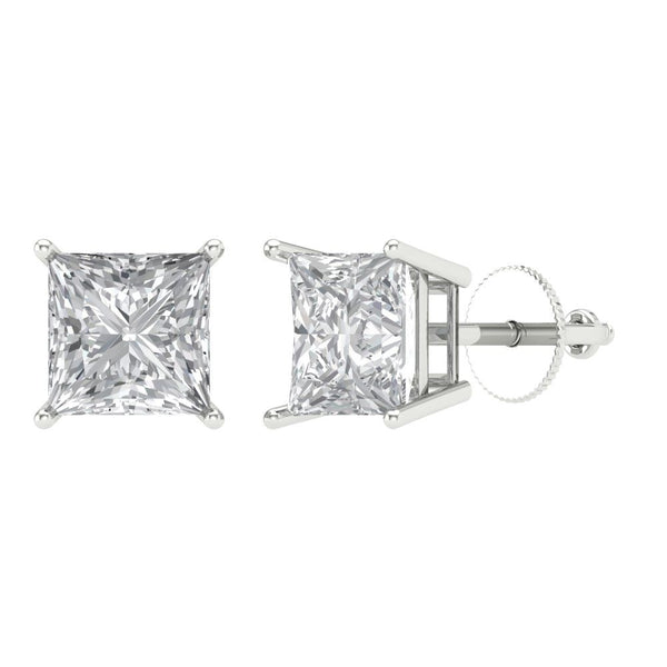 2 ct Brilliant Princess Cut Solitaire Studs Moissanite Stone White Gold Earrings Screw back