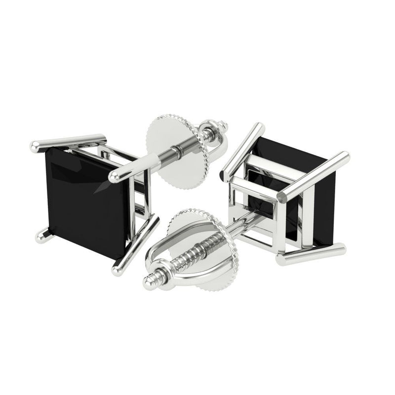 2 ct Brilliant Princess Cut Solitaire Studs Natural Onyx Stone White Gold Earrings Screw back