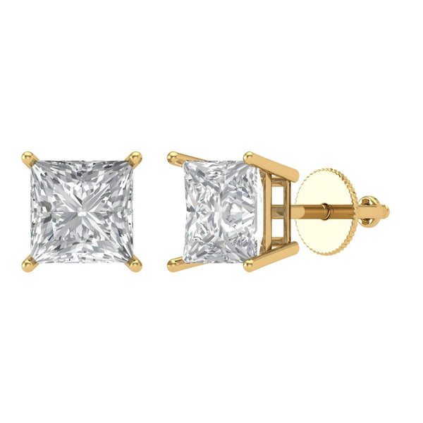 2 ct Brilliant Princess Cut Solitaire Studs Genuine Cultured Diamond Stone Clarity VS1-2 Color J-K Yellow Gold Earrings Screw back