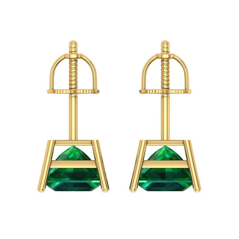 2 ct Brilliant Princess Cut Solitaire Studs Simulated Emerald Stone Yellow Gold Earrings Screw back