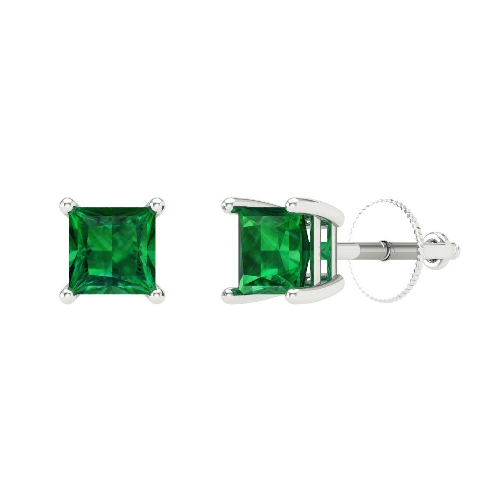 1 ctw Emerald Studs Earrings | 4.5mm Princess Cut White Gold Screw back | May Birthstone