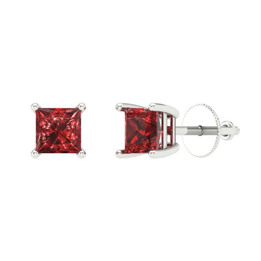 1 ctw Garnet Studs Earrings | 4.5mm Princess Cut White Gold Screw back | January Birthstone