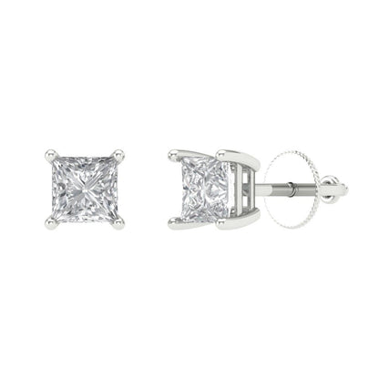 1 ctw Moissanite Studs Earrings | 4.5mm Princess Cut White Gold Screw back | April Birthstone