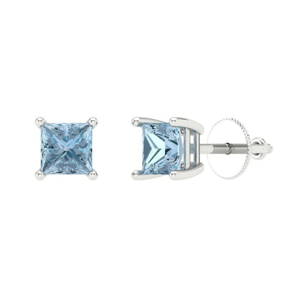 1 ctw Aquamarine Studs Earrings | 4.5mm Princess Cut White Gold Screw back | March Birthstone