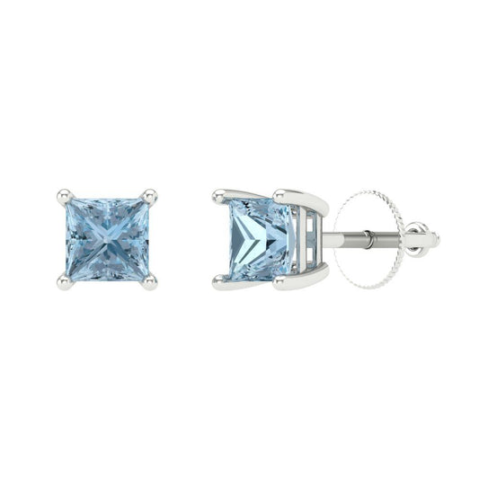 1 ctw Aquamarine Studs Earrings | 4.5mm Princess Cut White Gold Screw back | March Birthstone