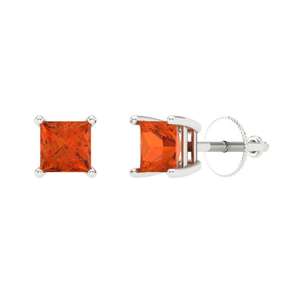 1 ctw Red Zirconia Studs Earrings | 4.5mm Princess Cut White Gold Screw back | April Birthstone
