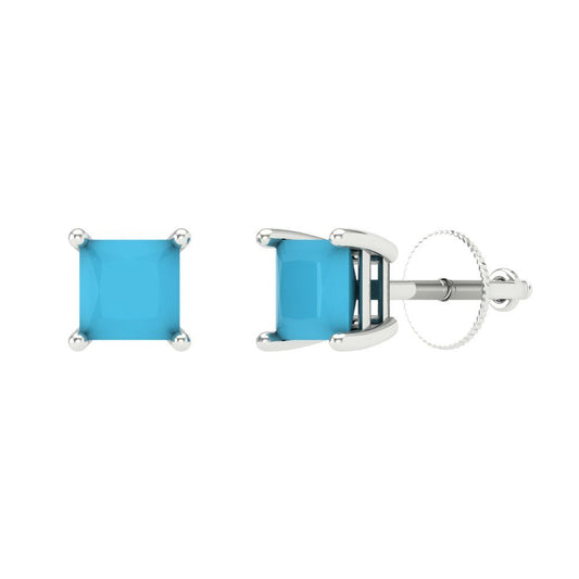 1 ctw Turquoise Studs Earrings | 4.5mm Princess Cut White Gold Screw back | December Birthstone