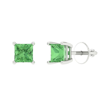 1 ctw Green Zirconia Studs Earrings | 4.5mm Princess Cut White Gold Screw back | April Birthstone