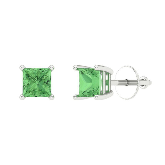 1 ctw Green Zirconia Studs Earrings | 4.5mm Princess Cut White Gold Screw back | April Birthstone
