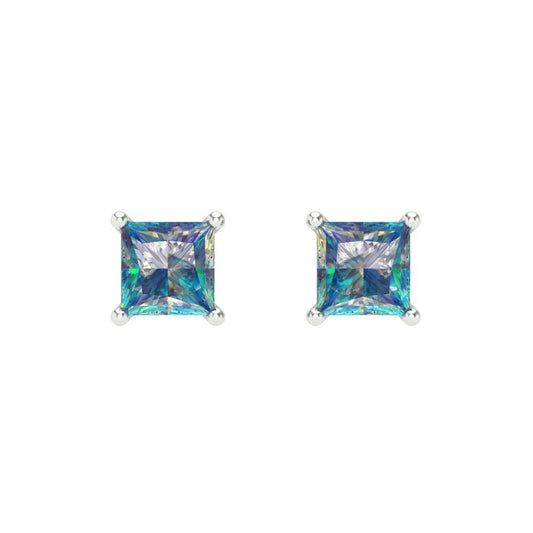 1 ctw Blue Moissanite Studs Earrings | 4.5mm Princess Cut White Gold Screw back | April Birthstone