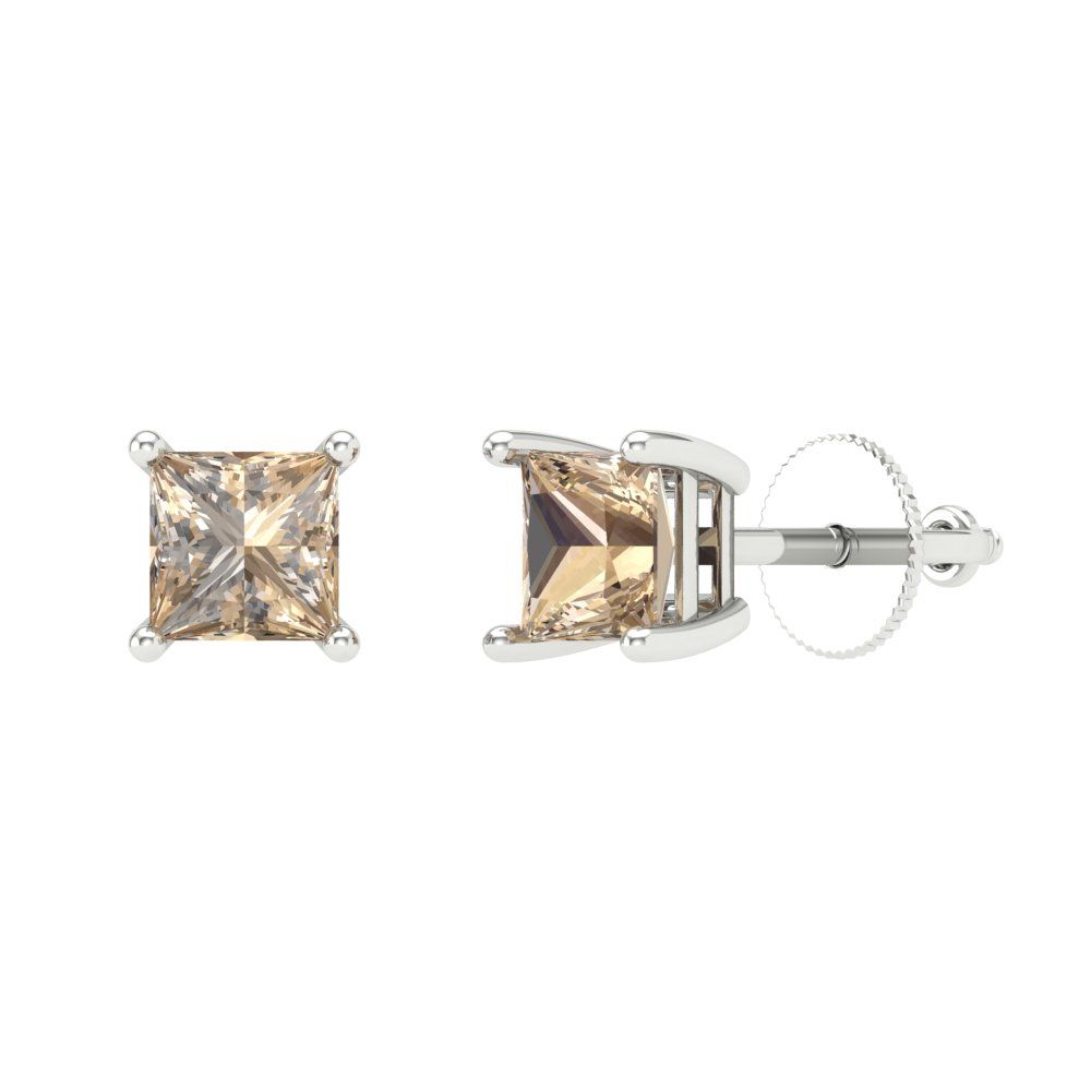 1 ctw Yellow Moissanite Studs Earrings | 4.5mm Princess Cut White Gold Screw back | April Birthstone