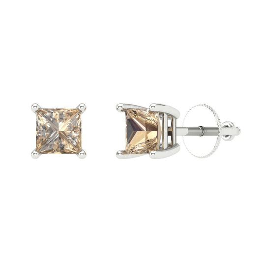 1 ctw Yellow Moissanite Studs Earrings | 4.5mm Princess Cut White Gold Screw back | April Birthstone