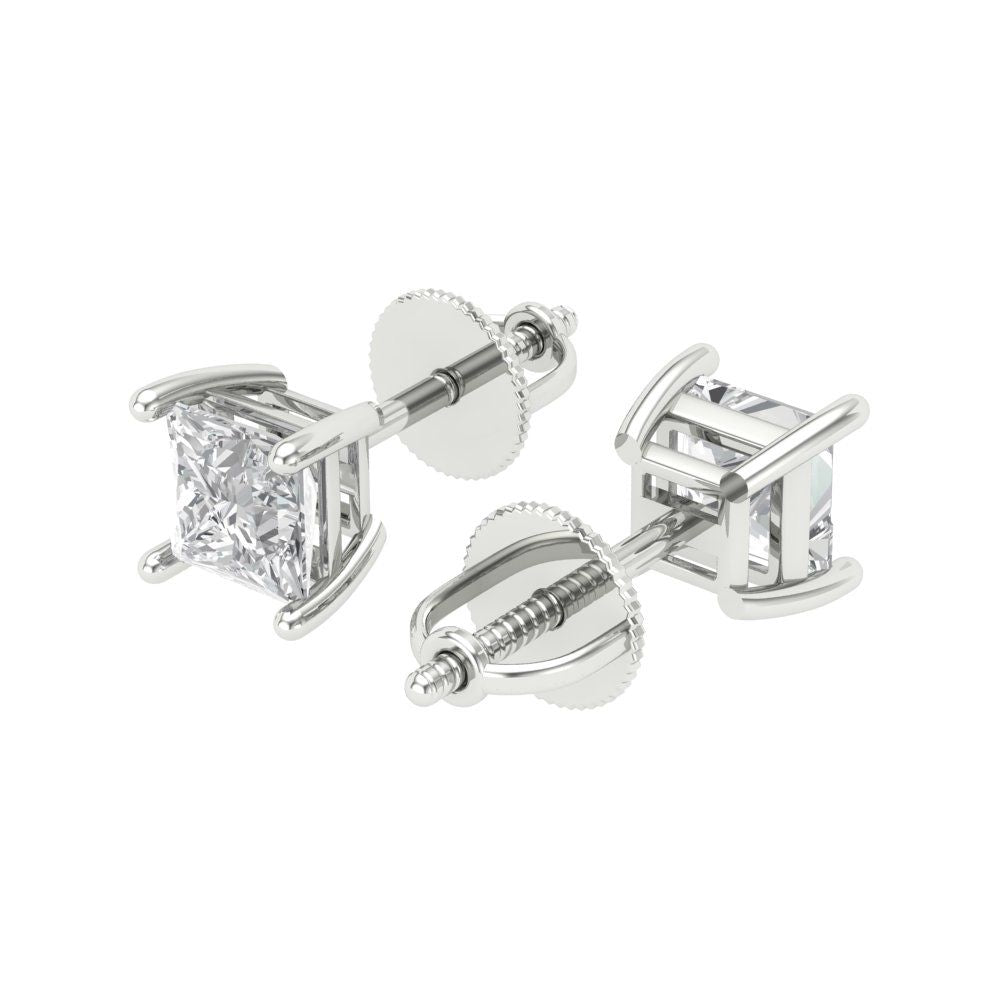 1 ctw Zirconia Diamond Studs Earrings | 4.5mm Princess Cut White Gold Screw back | April Birthstone