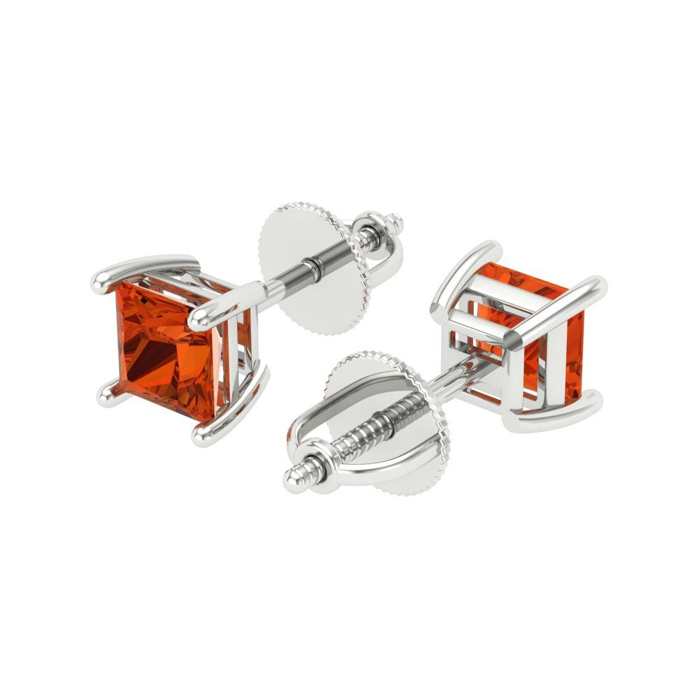 1 ctw Red Zirconia Studs Earrings | 4.5mm Princess Cut White Gold Screw back | April Birthstone
