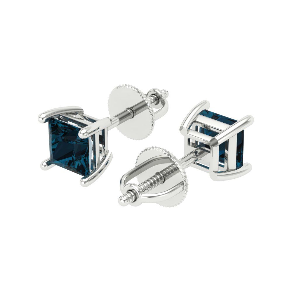 1 ctw London Blue Topaz Studs Earrings | 4.5mm Princess Cut White Gold Screw back | December Birthstone