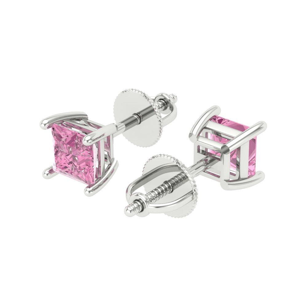 1 ctw Pink Zirconia Studs Earrings | 4.5mm Princess Cut White Gold Screw back | April Birthstone