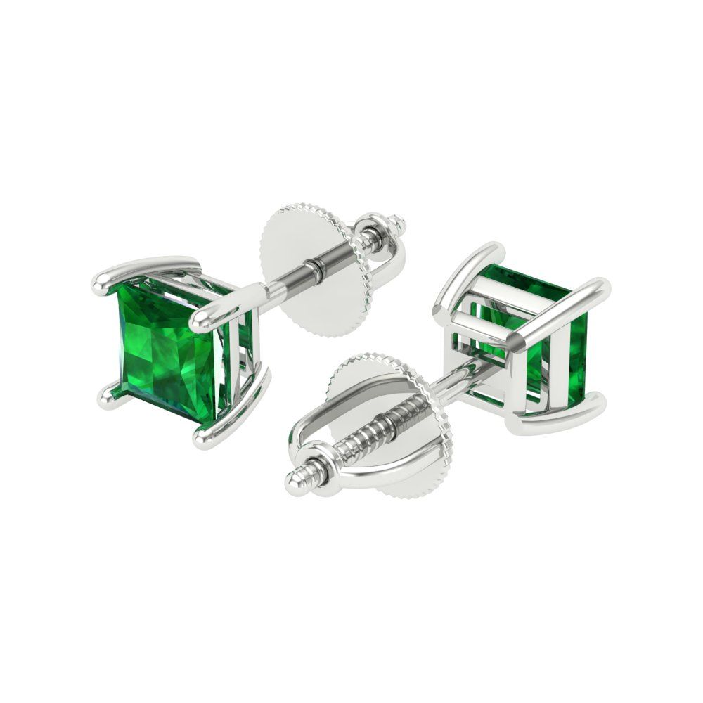 1 ctw Emerald Studs Earrings | 4.5mm Princess Cut White Gold Screw back | May Birthstone