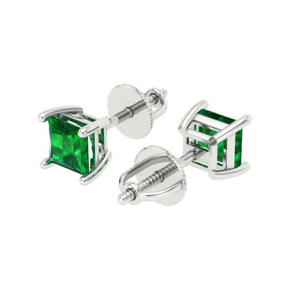 1 ctw Emerald Studs Earrings | 4.5mm Princess Cut White Gold Screw back | May Birthstone