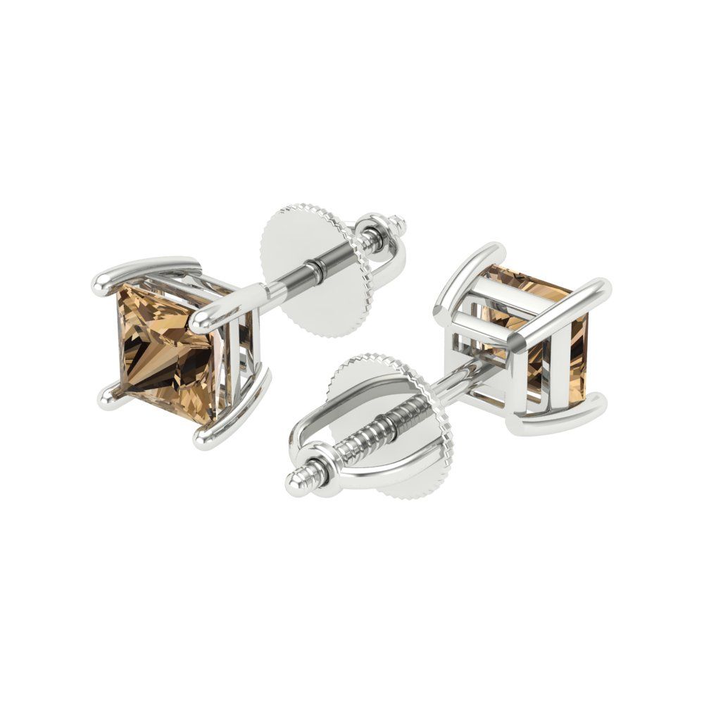 1 ctw Champagne Studs Earrings | 4.5mm Princess Cut White Gold Screw back | April Birthstone