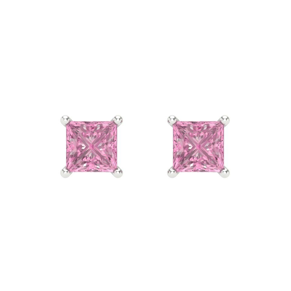 1 ctw Pink Zirconia Studs Earrings | 4.5mm Princess Cut White Gold Screw back | April Birthstone