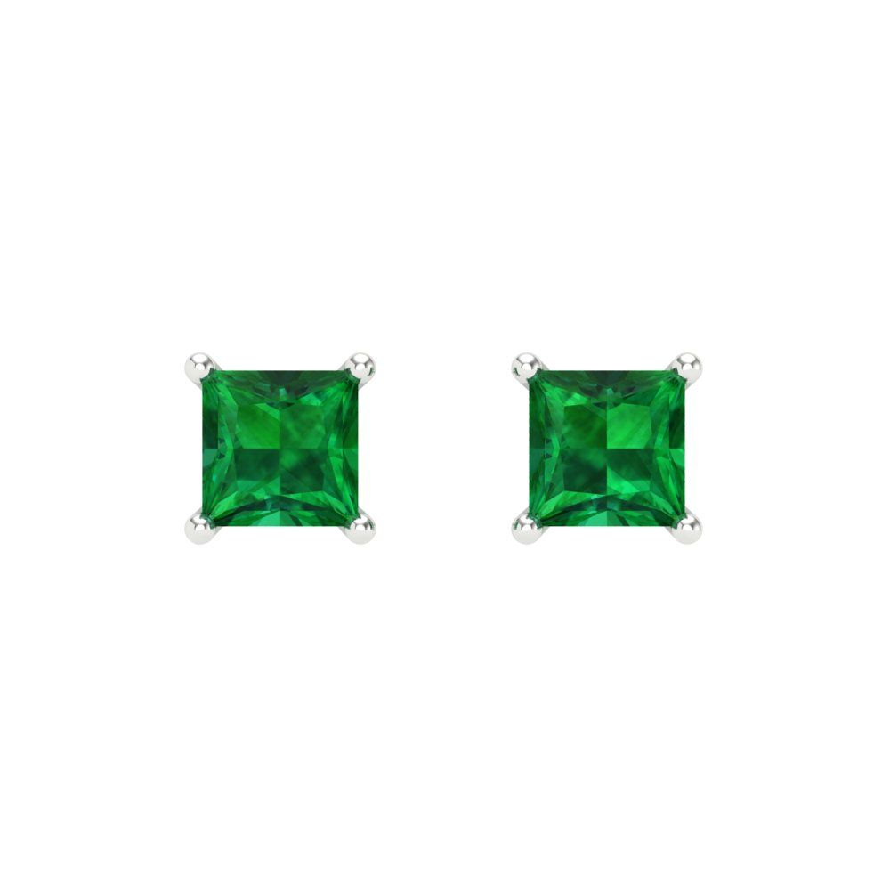 1 ctw Emerald Studs Earrings | 4.5mm Princess Cut White Gold Screw back | May Birthstone