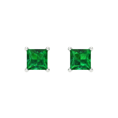 1 ctw Emerald Studs Earrings | 4.5mm Princess Cut White Gold Screw back | May Birthstone