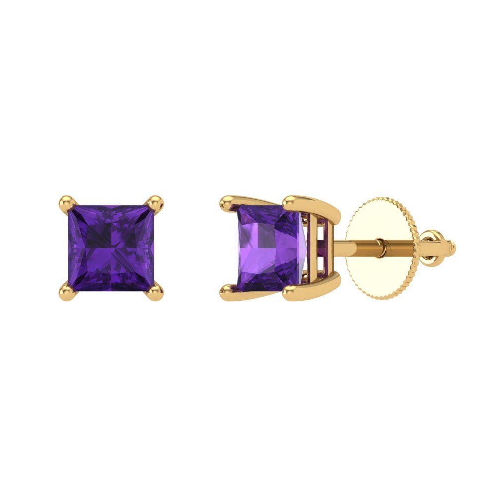 1 ctw Amethyst Studs Earrings | 4.5mm Princess Cut White Gold Screw back | February Birthstone