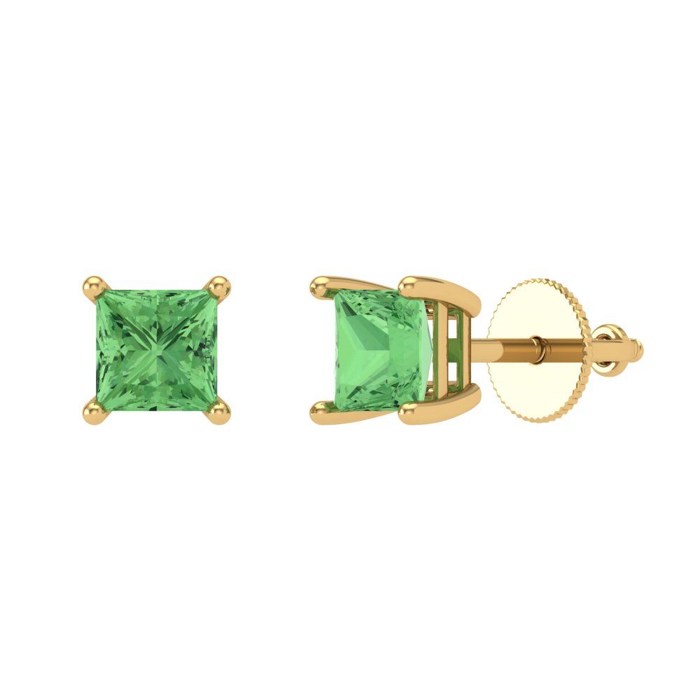 1 ctw Green Zirconia Studs Earrings | 4.5mm Princess Cut White Gold Screw back | April Birthstone