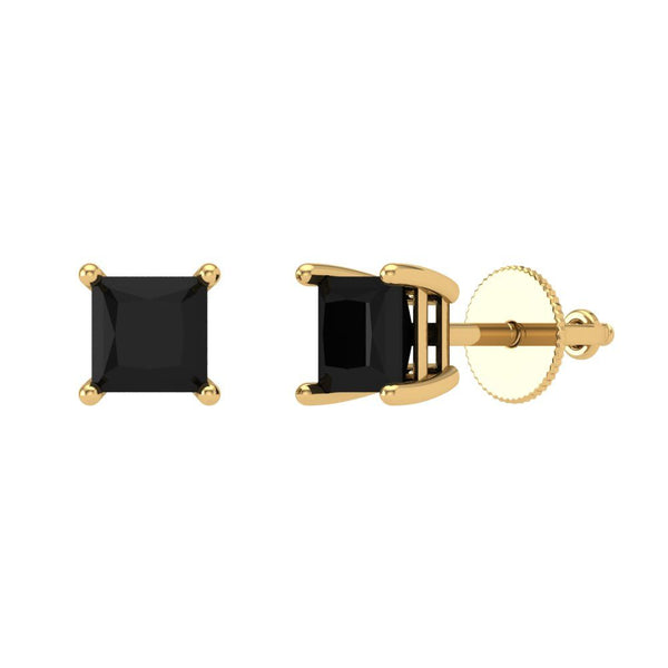1 ct Brilliant Princess Cut Solitaire Studs Natural Onyx Stone Yellow Gold Earrings Screw back