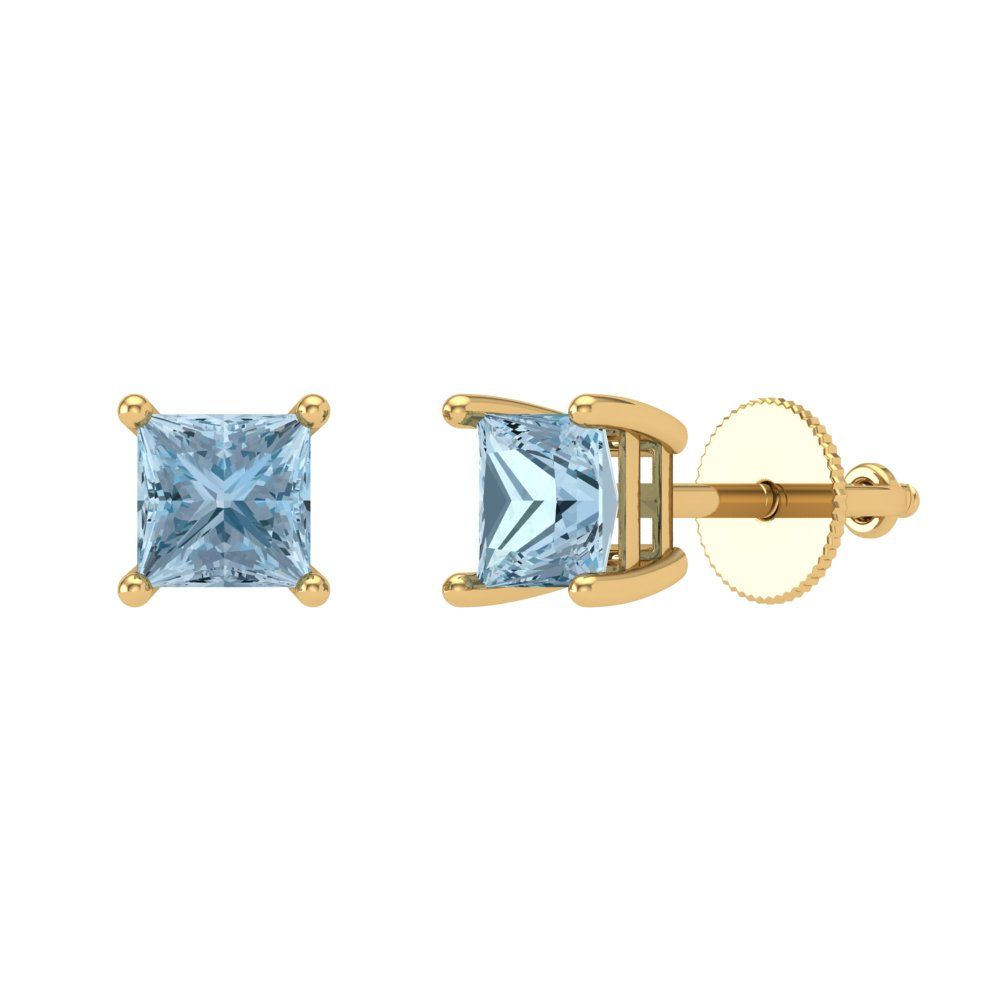 1 ctw Aquamarine Studs Earrings | 4.5mm Princess Cut White Gold Screw back | March Birthstone