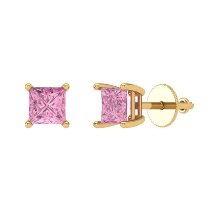 1 ctw Pink Zirconia Studs Earrings | 4.5mm Princess Cut White Gold Screw back | April Birthstone