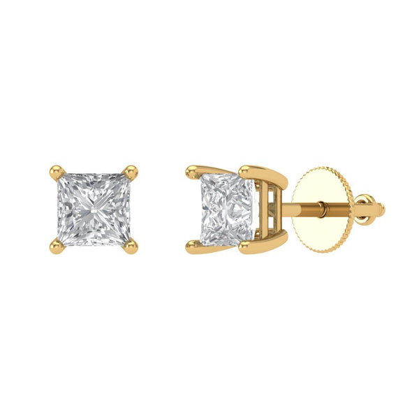 1 ct Brilliant Princess Cut Solitaire Studs Genuine Cultured Diamond Stone Clarity VS1-2 Color J-K Yellow Gold Earrings Screw back