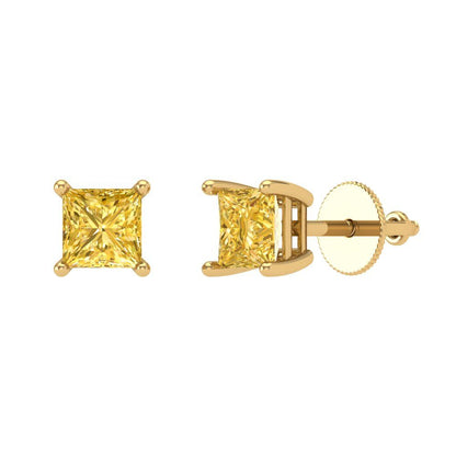 1 ctw Yellow Zirconia Studs Earrings | 4.5mm Princess Cut White Gold Screw back | April Birthstone