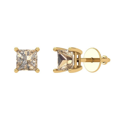 1 ctw Yellow Moissanite Studs Earrings | 4.5mm Princess Cut White Gold Screw back | April Birthstone