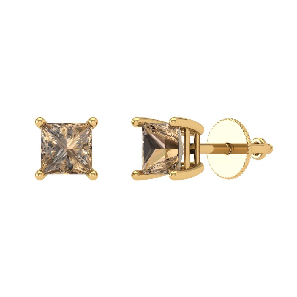 1 ctw Champagne Studs Earrings | 4.5mm Princess Cut White Gold Screw back | April Birthstone