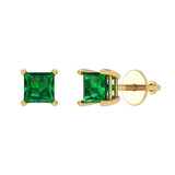 1 ct Brilliant Princess Cut Solitaire Studs Simulated Emerald Stone Yellow Gold Earrings Screw back