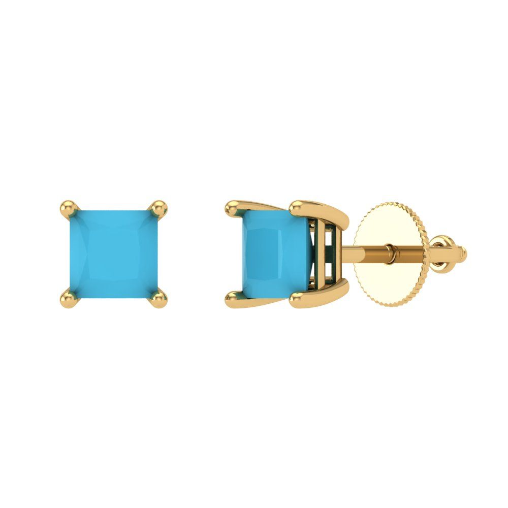 1 ctw Turquoise Studs Earrings | 4.5mm Princess Cut White Gold Screw back | December Birthstone