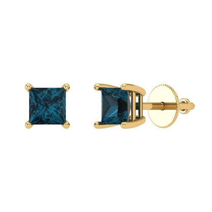 1 ctw London Blue Topaz Studs Earrings | 4.5mm Princess Cut White Gold Screw back | December Birthstone