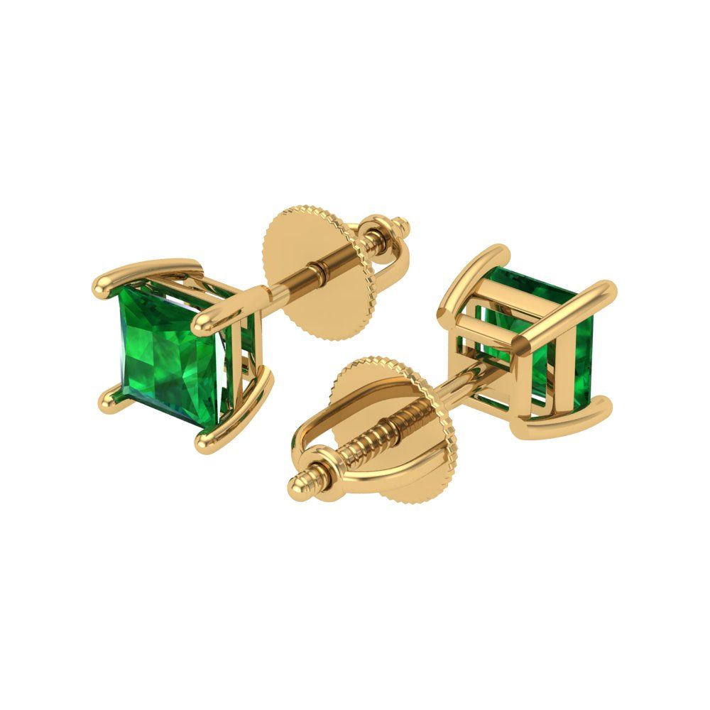 1 ctw Emerald Studs Earrings | 4.5mm Princess Cut White Gold Screw back | May Birthstone