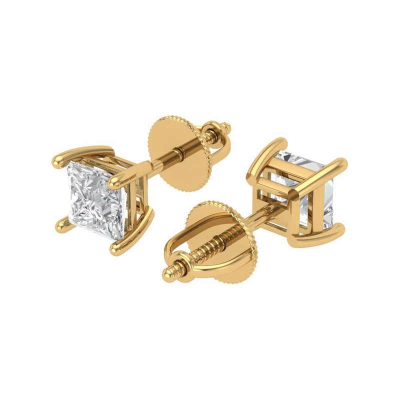 1 ct Brilliant Princess Cut Solitaire Studs Natural Diamond Stone Clarity SI1-2 Color G-H Yellow Gold Earrings Screw back