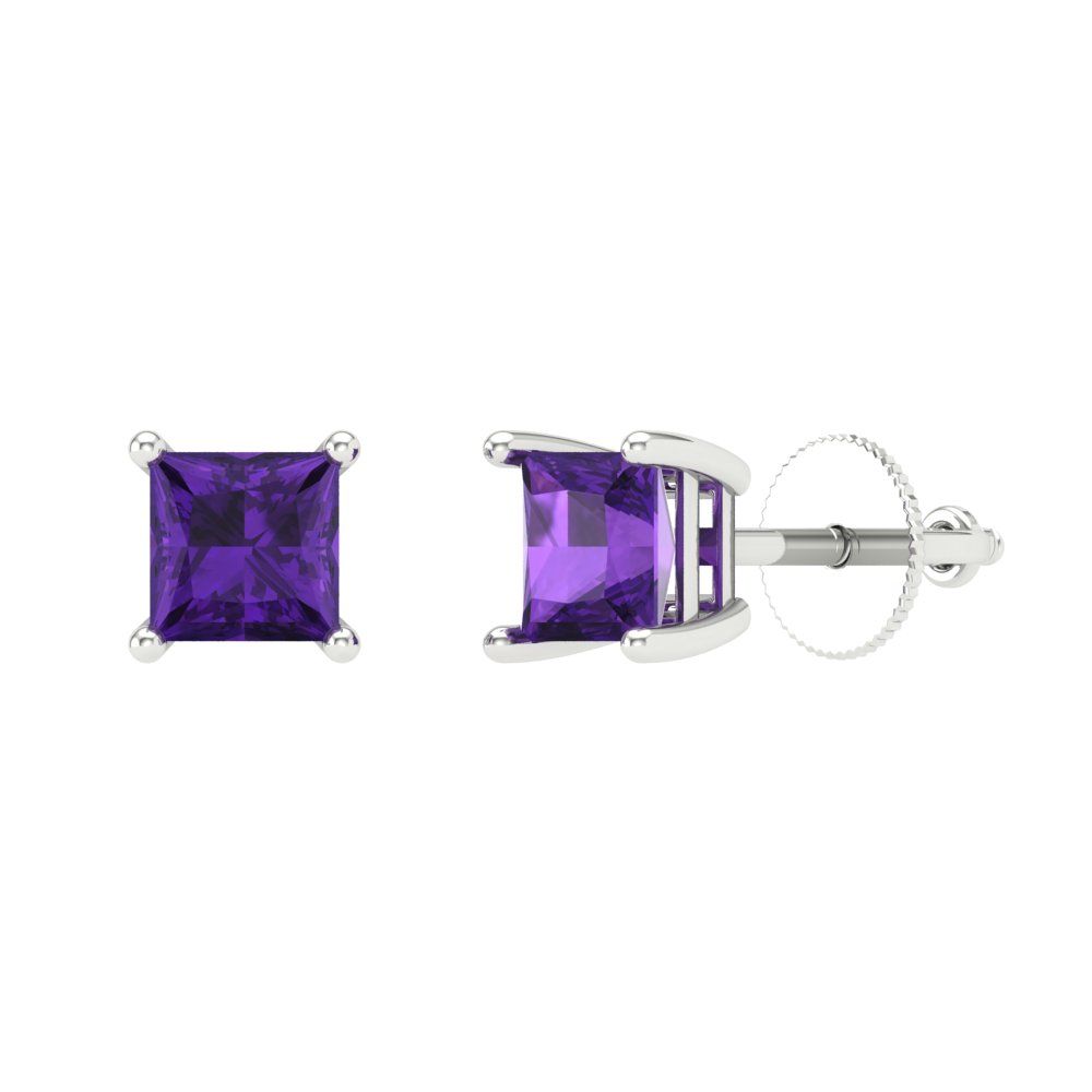 0.5 ctw Amethyst Studs Earrings | 3.5mm Princess Cut White Gold Screw back | February Birthstone