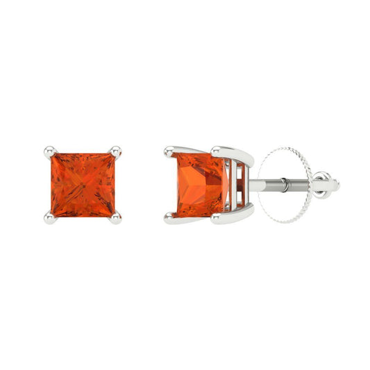 0.5 ctw Red Zirconia Studs Earrings | 3.5mm Princess Cut White Gold Screw back | April Birthstone