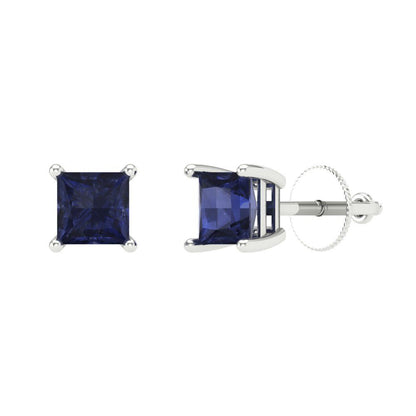 0.5 ctw Blue Sapphire Studs Earrings | 3.5mm Princess Cut White Gold Screw back | September Birthstone