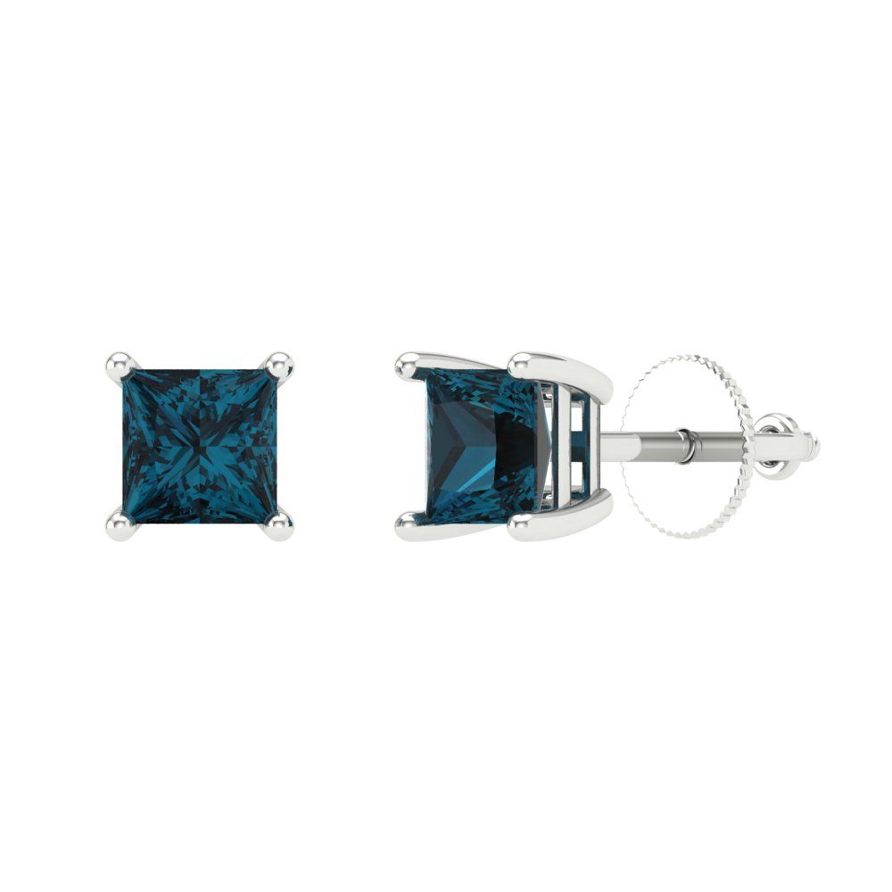 0.5 ctw London Blue Topaz Studs Earrings | 3.5mm Princess Cut White Gold Screw back | December Birthstone